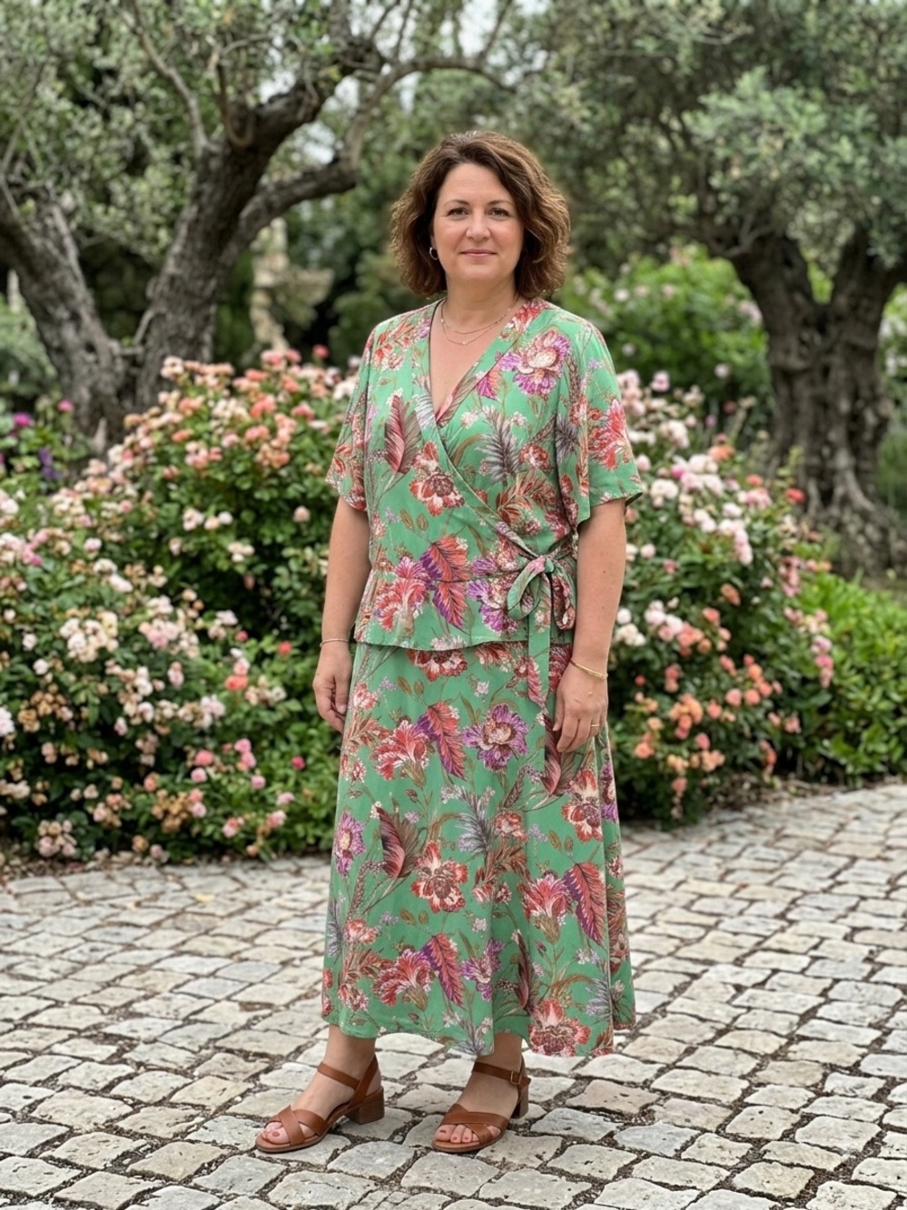 Gibson Latimer Green Floral Peplum Faux Wrap Midi Dress